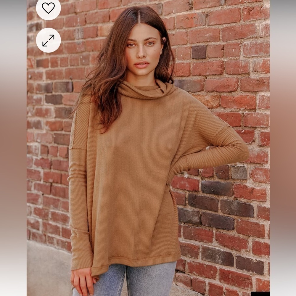 Free People Light Brown Ribbed Knit Cowl Neck Tunic Top Size Small - Picture 2 of 13